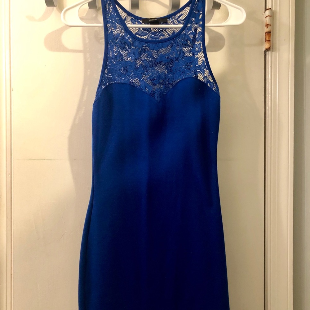 Electric Blue Lace Neckline Bodycon Dress